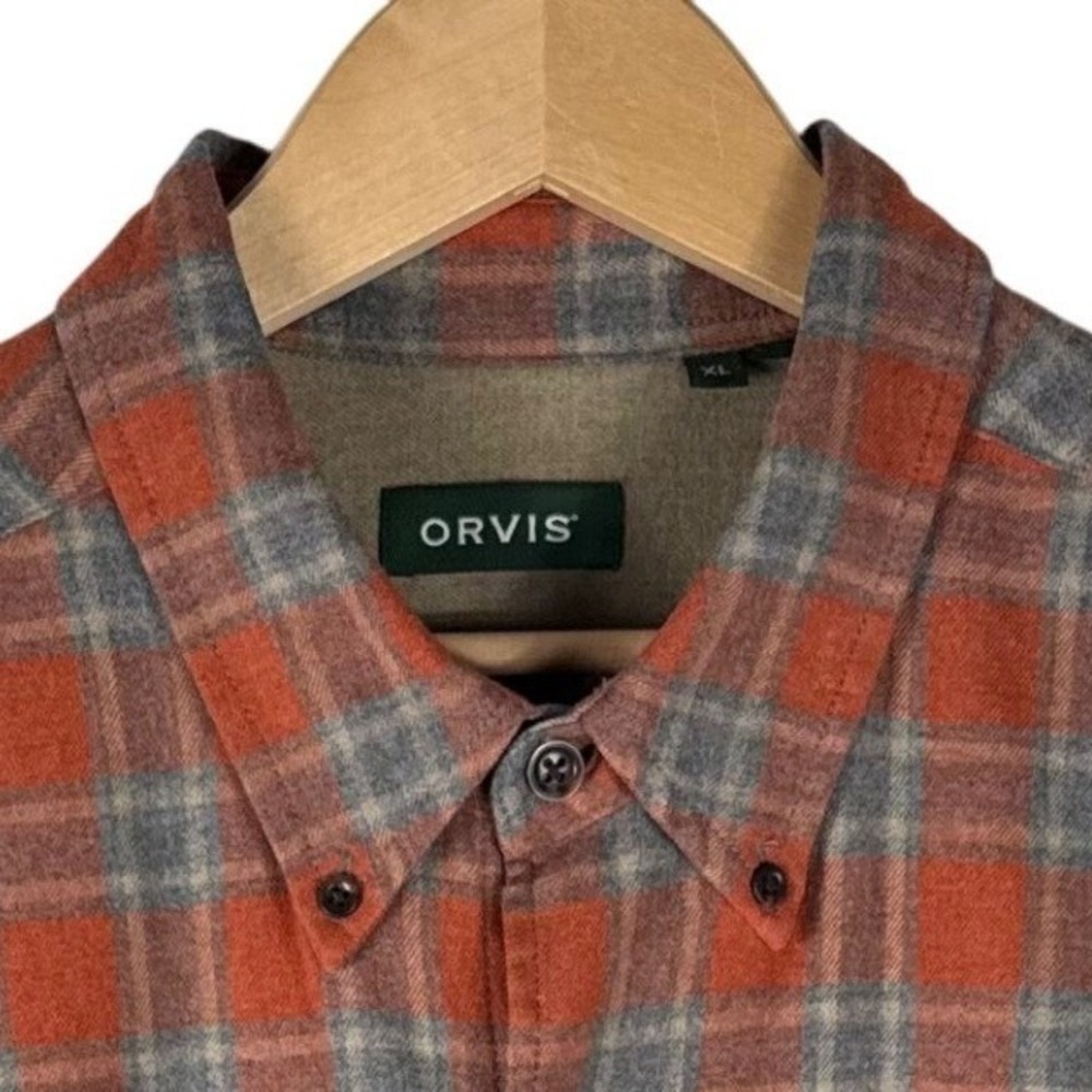 Orvis Flannel Plaid Shirt Mens XL Orange Grey Cotton Button Down Long Sleeve
